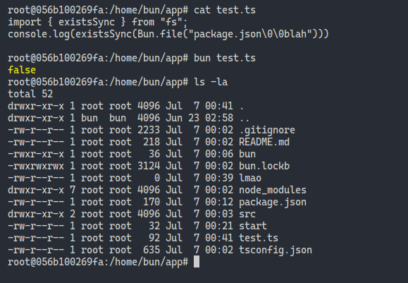 existsSync(Bun.file("package.json\0\0blah")) gives false