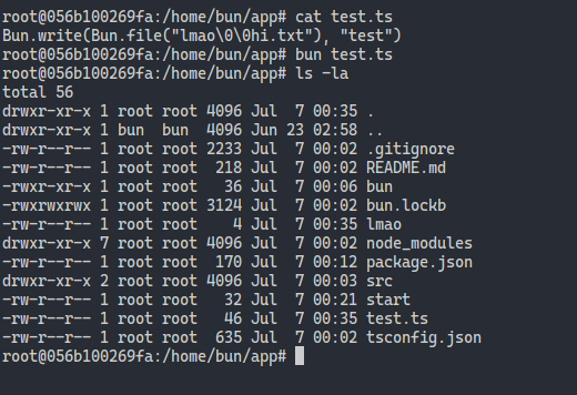 Bun.write(Bun.file("lmao\0\0hi.txt")) writes a file called "lmao"