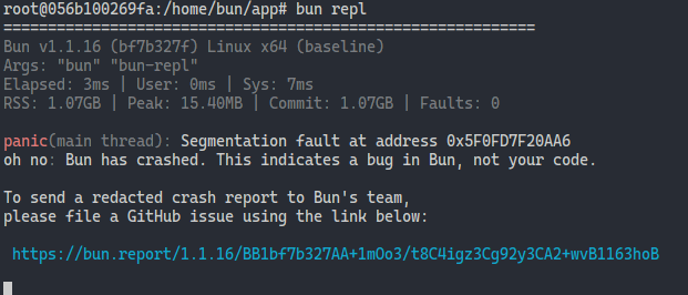 bun repl immediately segfaulting with no explanation